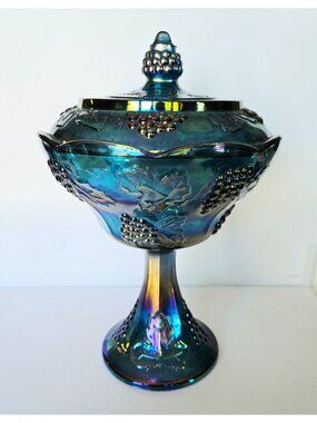 Vintage Indiana Carnival Glass Compote With Lid - Grape & Cable Design